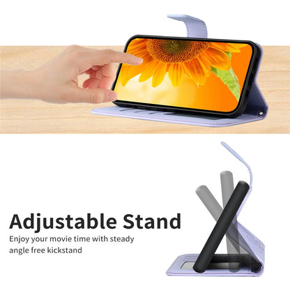 HT04 Leather Phone Case for iPhone 15 Plus Sunflower Imprint Wallet Stand Cover with Shoulder Strap