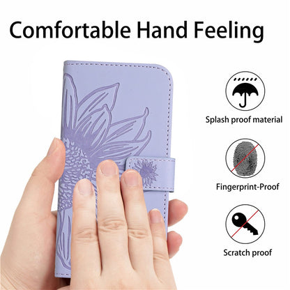 HT04 Leather Phone Case for iPhone 15 Plus Sunflower Imprint Wallet Stand Cover with Shoulder Strap