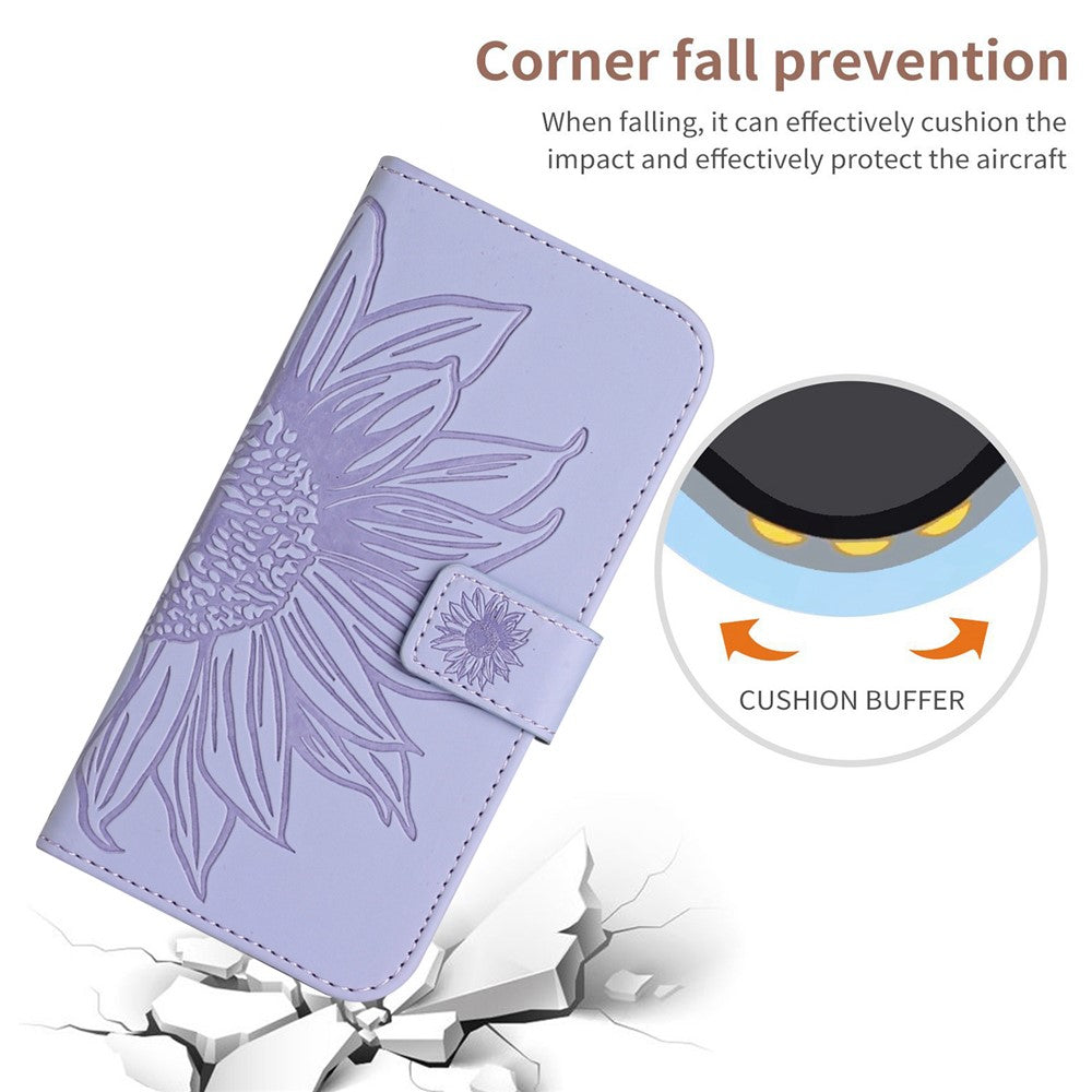 HT04 Leather Phone Case for iPhone 15 Plus Sunflower Imprint Wallet Stand Cover with Shoulder Strap
