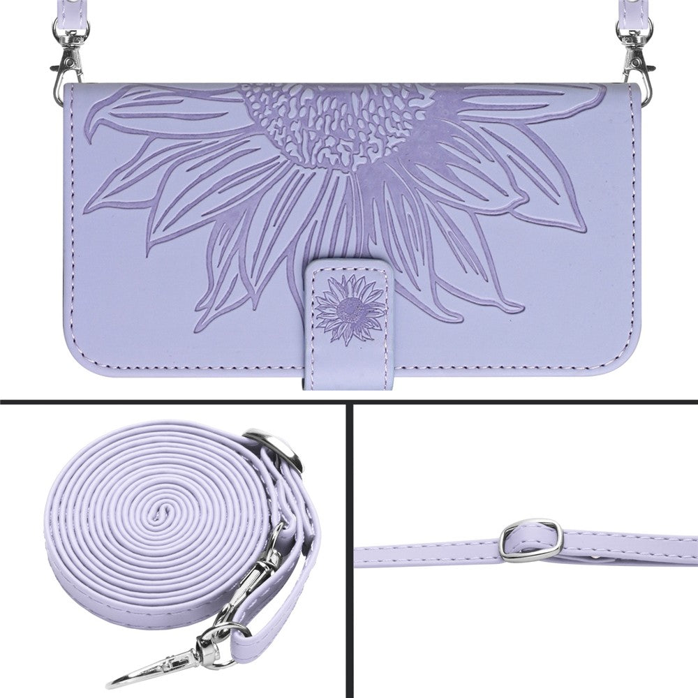 HT04 Leather Phone Case for iPhone 15 Plus Sunflower Imprint Wallet Stand Cover with Shoulder Strap