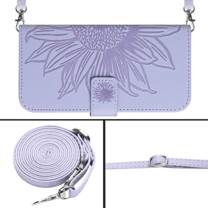 HT04 Leather Phone Case for iPhone 15 Plus Sunflower Imprint Wallet Stand Cover with Shoulder Strap