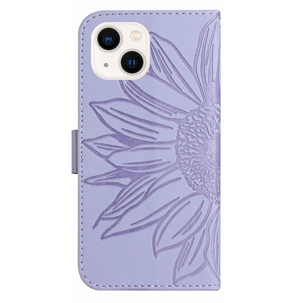 HT04 Leather Phone Case for iPhone 15 Plus Sunflower Imprint Wallet Stand Cover with Shoulder Strap