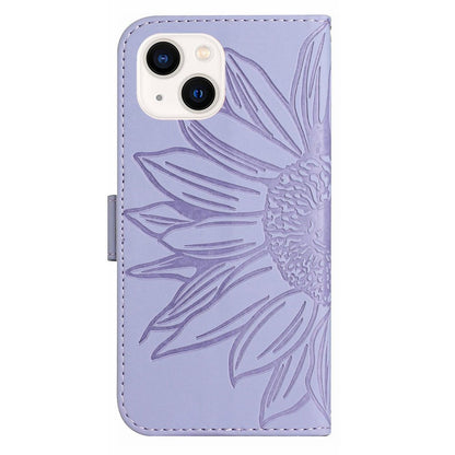 HT04 Leather Phone Case for iPhone 15 Plus Sunflower Imprint Wallet Stand Cover with Shoulder Strap