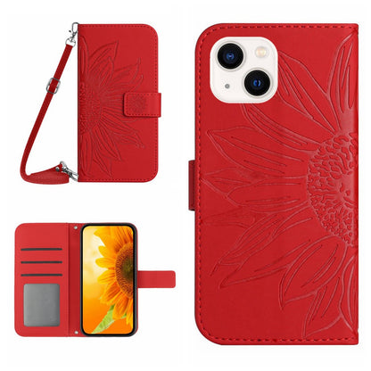 HT04 Leather Phone Case for iPhone 15 Plus Sunflower Imprint Wallet Stand Cover with Shoulder Strap