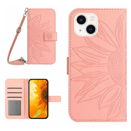 HT04 Leather Phone Case for iPhone 15 Plus Sunflower Imprint Wallet Stand Cover with Shoulder Strap