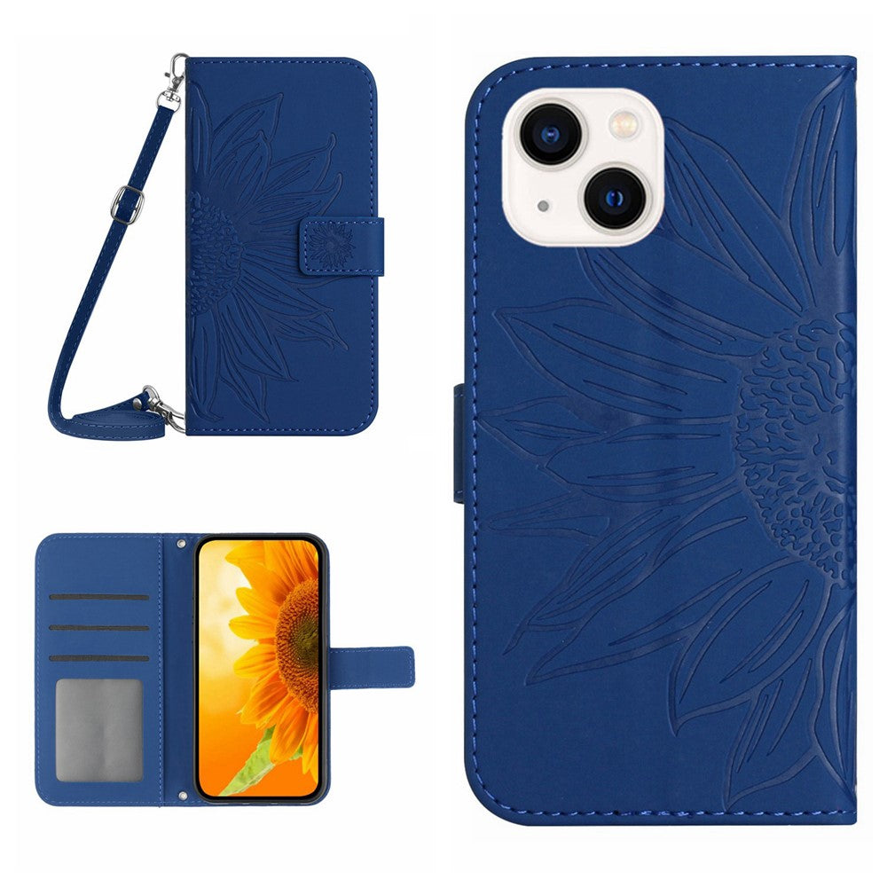 HT04 Leather Phone Case for iPhone 15 Plus Sunflower Imprint Wallet Stand Cover with Shoulder Strap