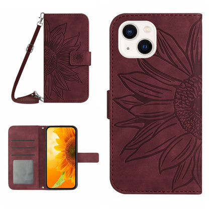 HT04 Leather Phone Case for iPhone 15 Plus Sunflower Imprint Wallet Stand Cover with Shoulder Strap
