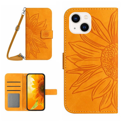 HT04 Leather Phone Case for iPhone 15 Plus Sunflower Imprint Wallet Stand Cover with Shoulder Strap