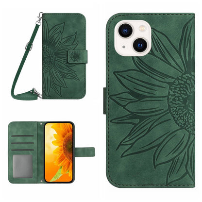 HT04 Leather Phone Case for iPhone 15 Plus Sunflower Imprint Wallet Stand Cover with Shoulder Strap