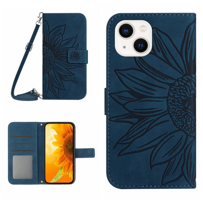 HT04 Leather Phone Case for iPhone 15 Plus Sunflower Imprint Wallet Stand Cover with Shoulder Strap