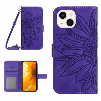 HT04 Leather Phone Case for iPhone 15 Plus Sunflower Imprint Wallet Stand Cover with Shoulder Strap