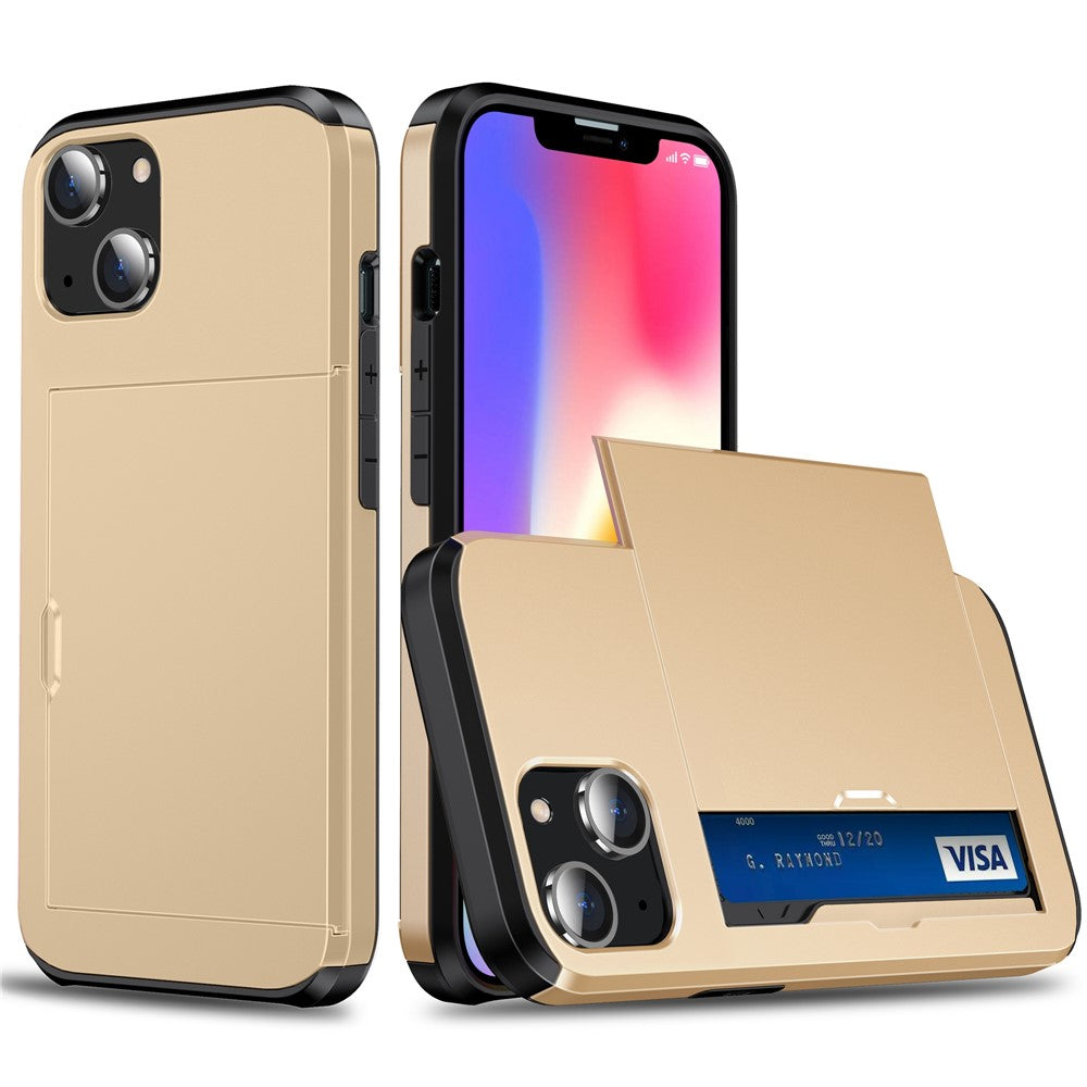 Slide Card Holder Protective Phone Case for iPhone 15 , TPU + PC Drop-proof Cell Phone Cover