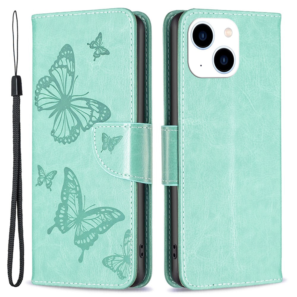 For iPhone 15 Foldable Stand Wallet Phone Flip Case Butterfly Imprinted Leather Cover with Strap