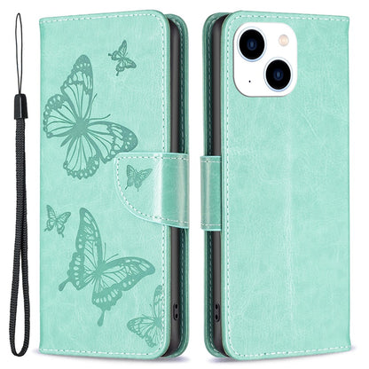 For iPhone 15 Foldable Stand Wallet Phone Flip Case Butterfly Imprinted Leather Cover with Strap
