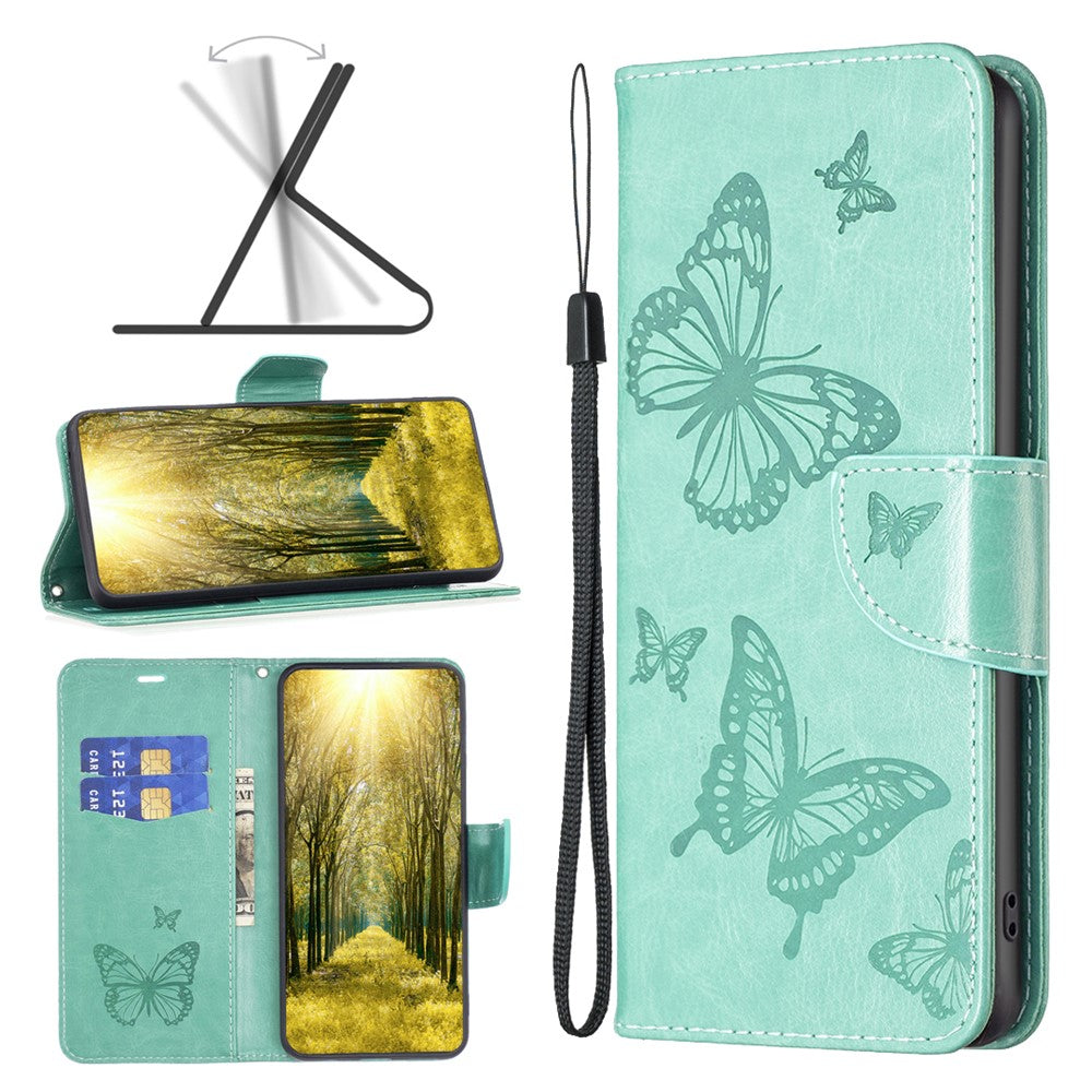 For iPhone 15 Foldable Stand Wallet Phone Flip Case Butterfly Imprinted Leather Cover with Strap