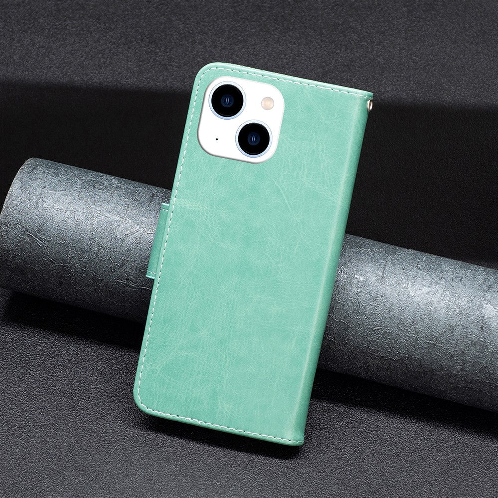 For iPhone 15 Foldable Stand Wallet Phone Flip Case Butterfly Imprinted Leather Cover with Strap