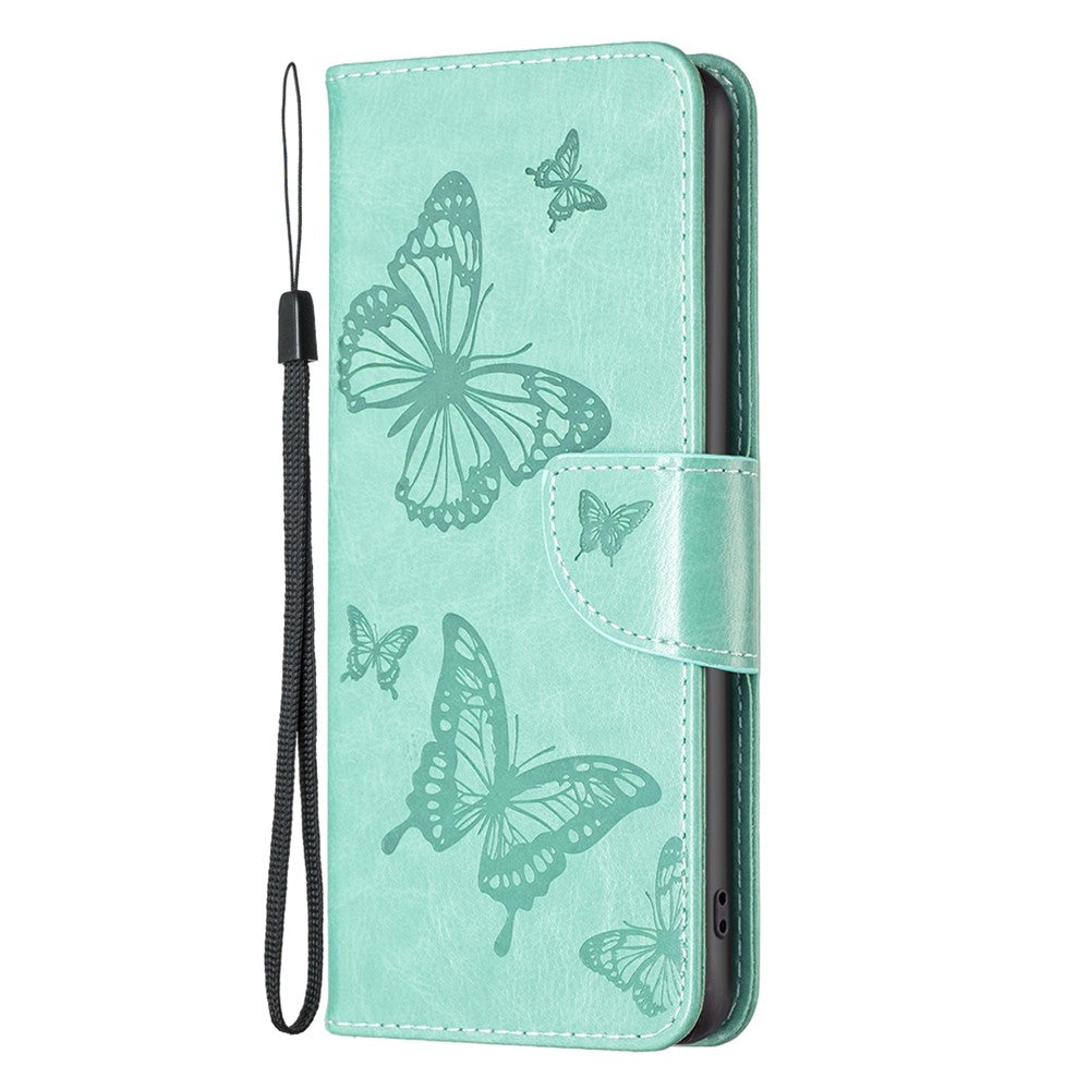 For iPhone 15 Foldable Stand Wallet Phone Flip Case Butterfly Imprinted Leather Cover with Strap
