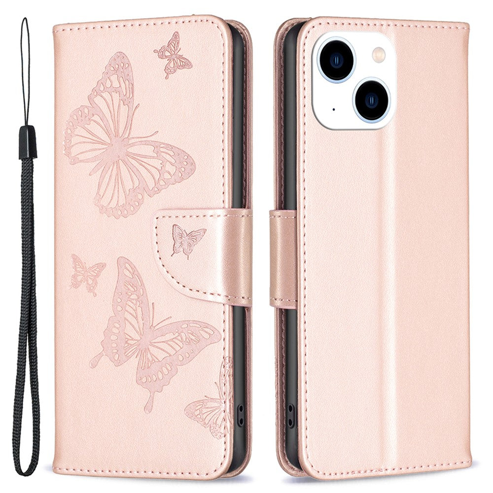For iPhone 15 Foldable Stand Wallet Phone Flip Case Butterfly Imprinted Leather Cover with Strap