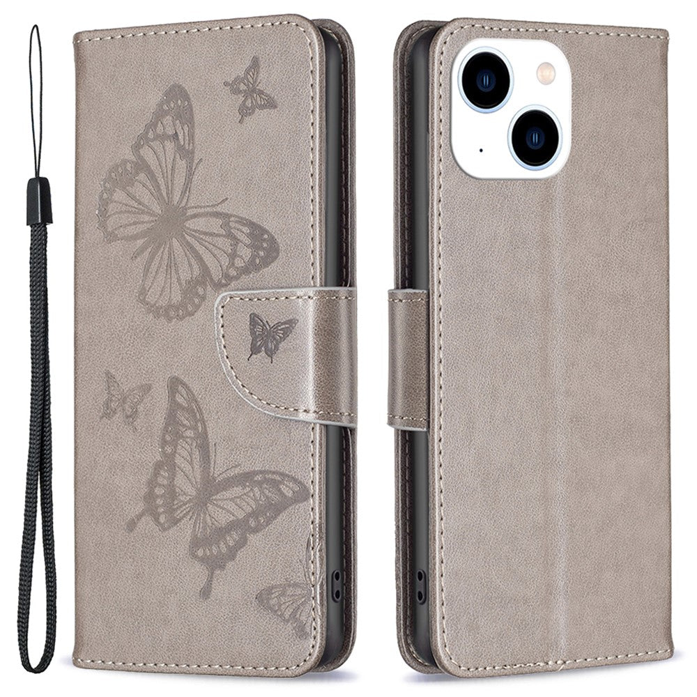For iPhone 15 Foldable Stand Wallet Phone Flip Case Butterfly Imprinted Leather Cover with Strap