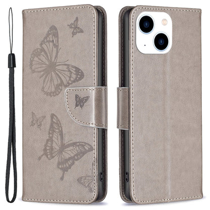 For iPhone 15 Foldable Stand Wallet Phone Flip Case Butterfly Imprinted Leather Cover with Strap