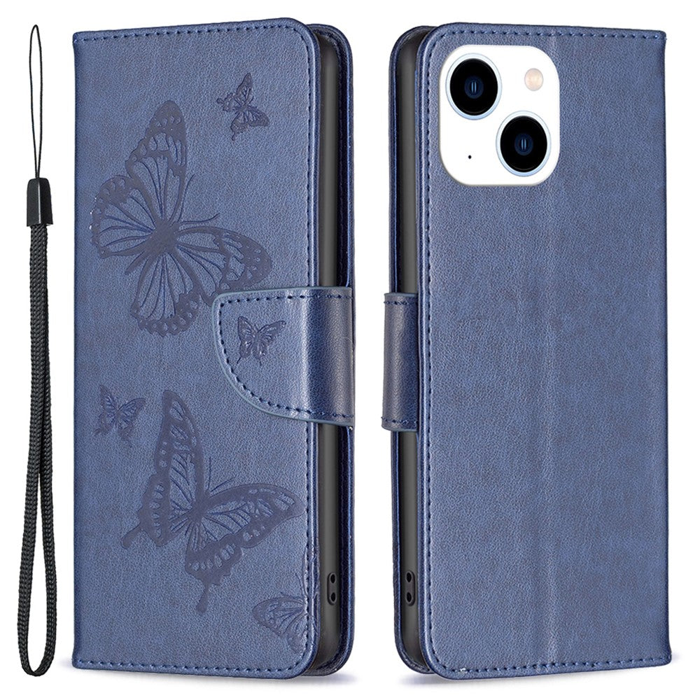 For iPhone 15 Foldable Stand Wallet Phone Flip Case Butterfly Imprinted Leather Cover with Strap