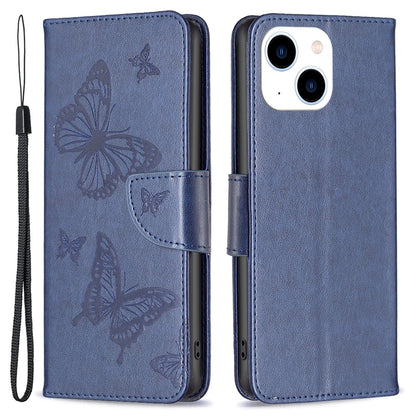 For iPhone 15 Foldable Stand Wallet Phone Flip Case Butterfly Imprinted Leather Cover with Strap