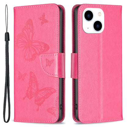 For iPhone 15 Foldable Stand Wallet Phone Flip Case Butterfly Imprinted Leather Cover with Strap
