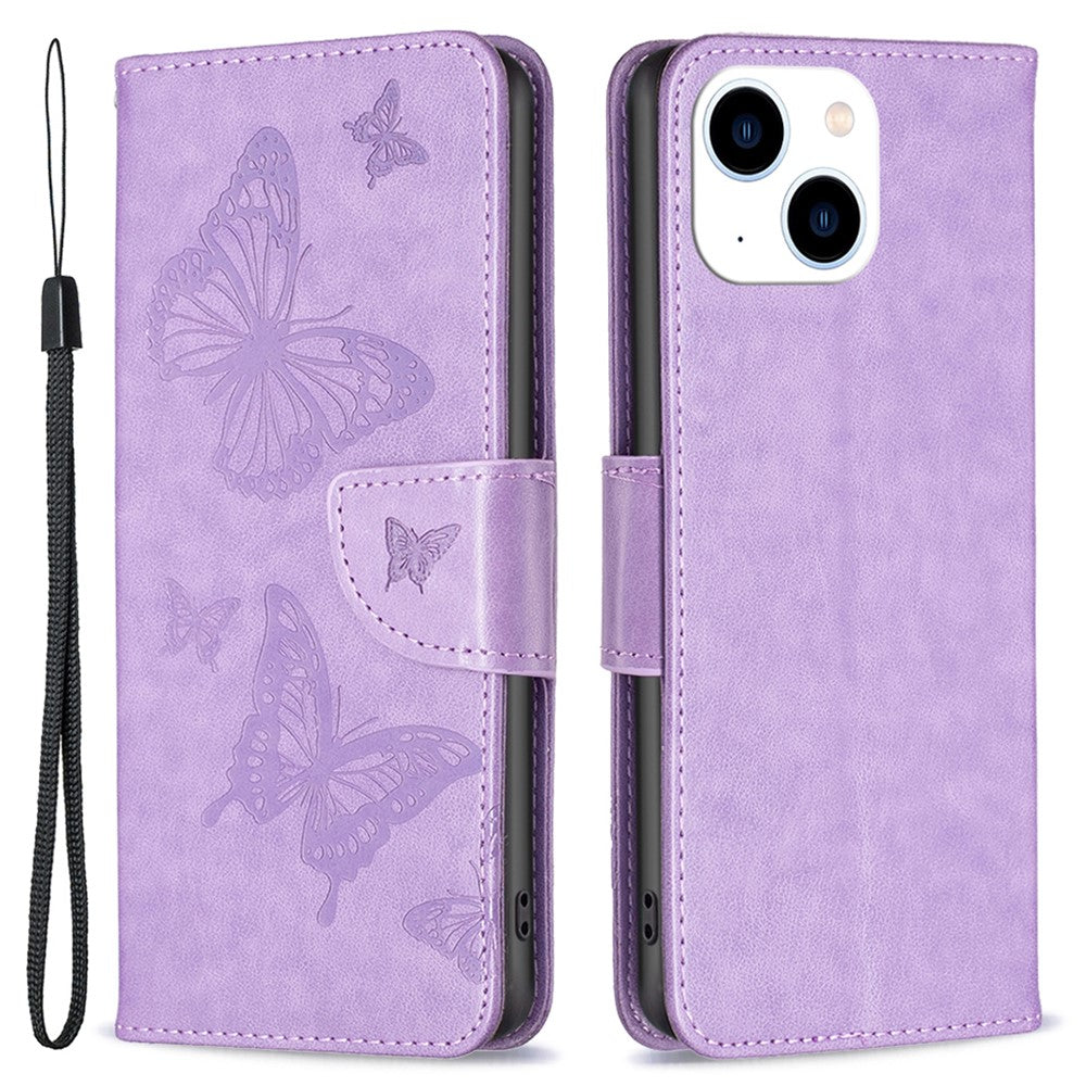 For iPhone 15 Foldable Stand Wallet Phone Flip Case Butterfly Imprinted Leather Cover with Strap