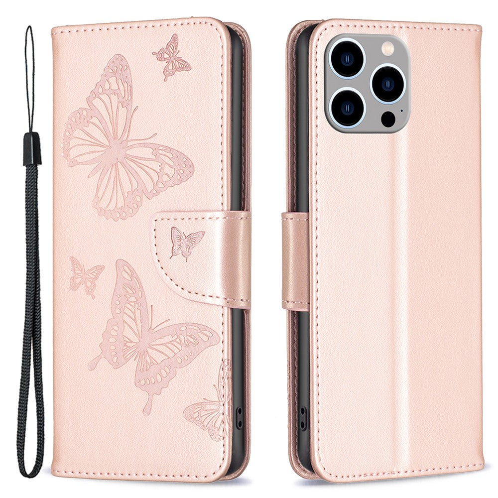 For iPhone 15 Pro Max Flip Case Butterfly Imprinted Leather Anti-Dust Stand Wallet Phone Cover with Strap