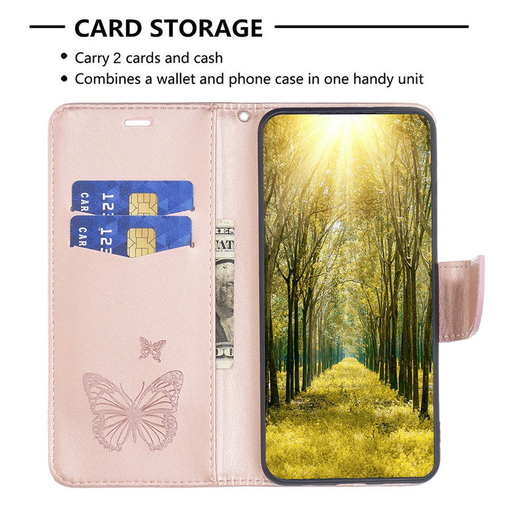 For iPhone 15 Pro Max Flip Case Butterfly Imprinted Leather Anti-Dust Stand Wallet Phone Cover with Strap