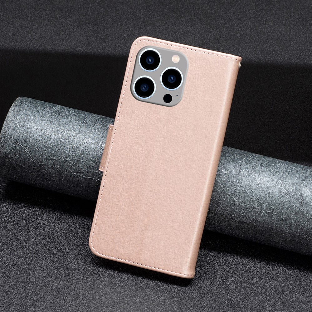 For iPhone 15 Pro Max Flip Case Butterfly Imprinted Leather Anti-Dust Stand Wallet Phone Cover with Strap