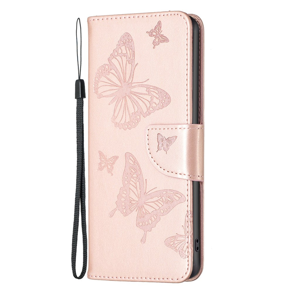 For iPhone 15 Pro Max Flip Case Butterfly Imprinted Leather Anti-Dust Stand Wallet Phone Cover with Strap