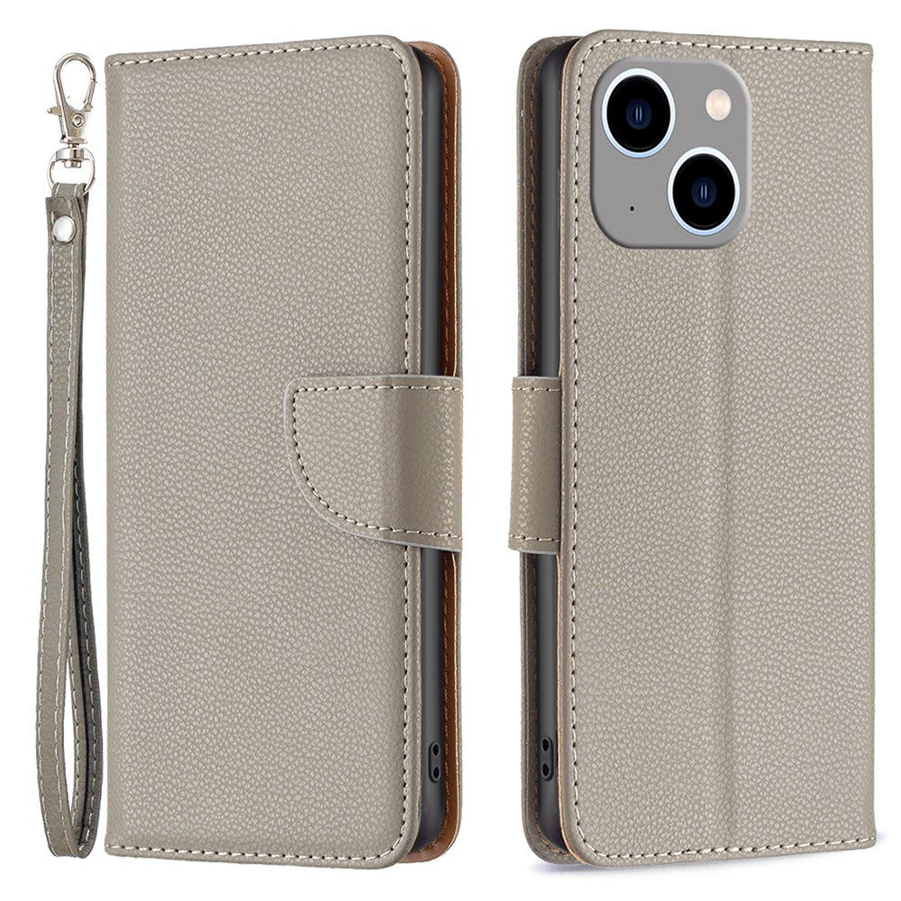 For iPhone 15 Plus Wallet Case with Wrist Strap Litchi Texture Leather Phone Stand Cover