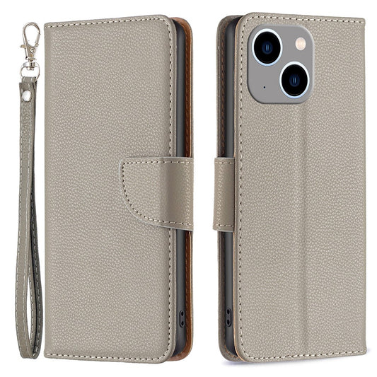 For iPhone 15 Plus Wallet Case with Wrist Strap Litchi Texture Leather Phone Stand Cover
