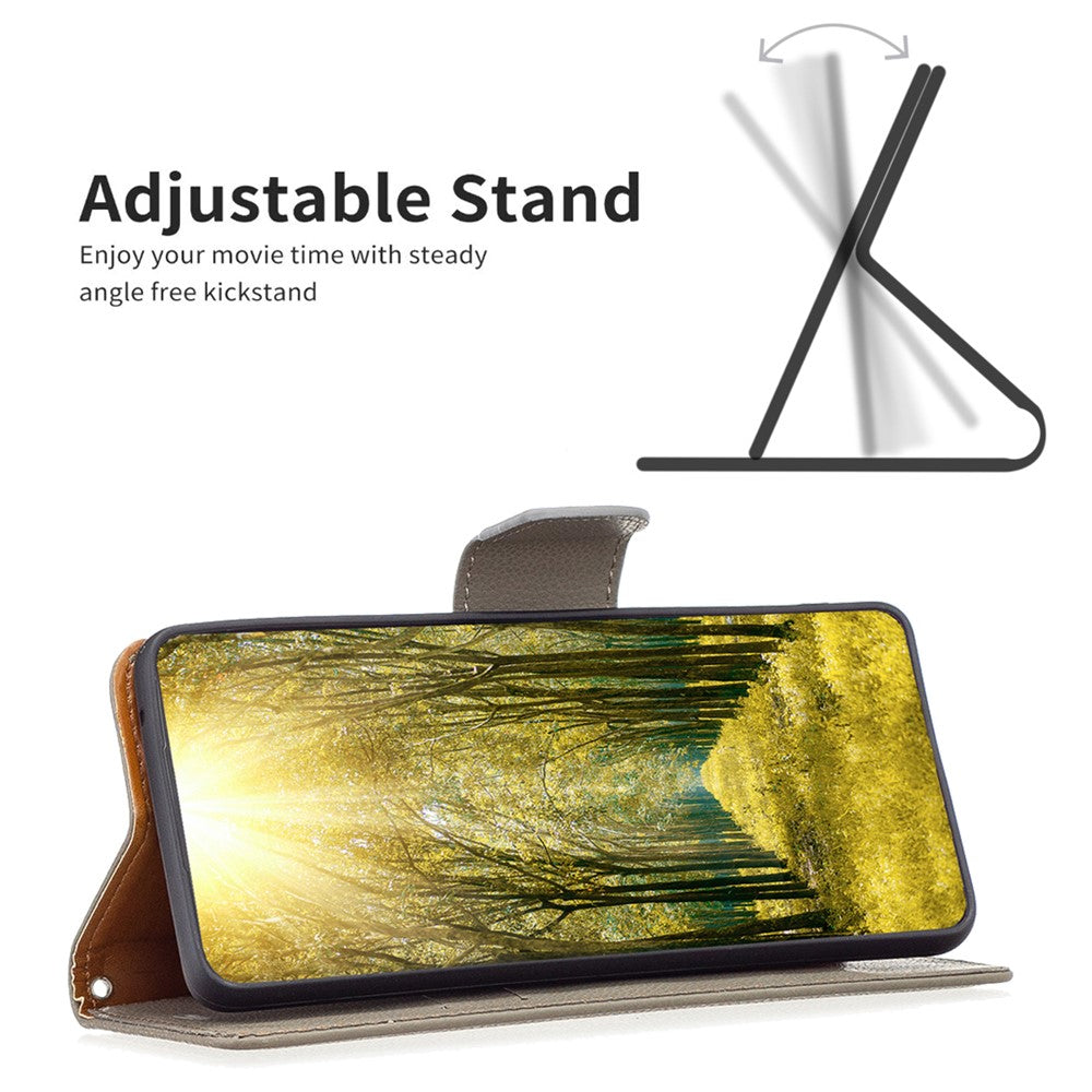 For iPhone 15 Plus Wallet Case with Wrist Strap Litchi Texture Leather Phone Stand Cover