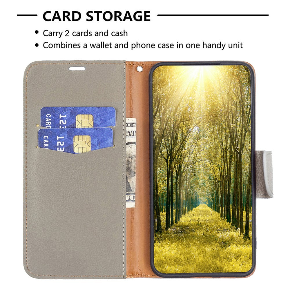 For iPhone 15 Plus Wallet Case with Wrist Strap Litchi Texture Leather Phone Stand Cover