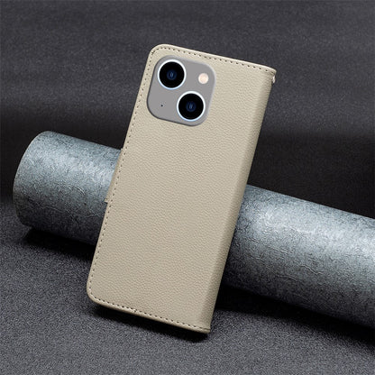 For iPhone 15 Plus Wallet Case with Wrist Strap Litchi Texture Leather Phone Stand Cover