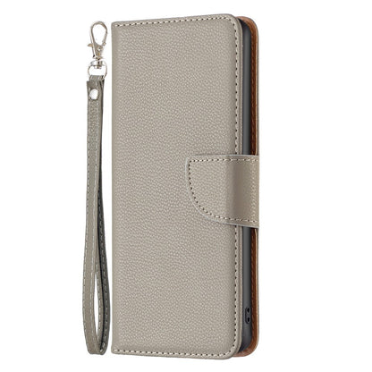 For iPhone 15 Plus Wallet Case with Wrist Strap Litchi Texture Leather Phone Stand Cover