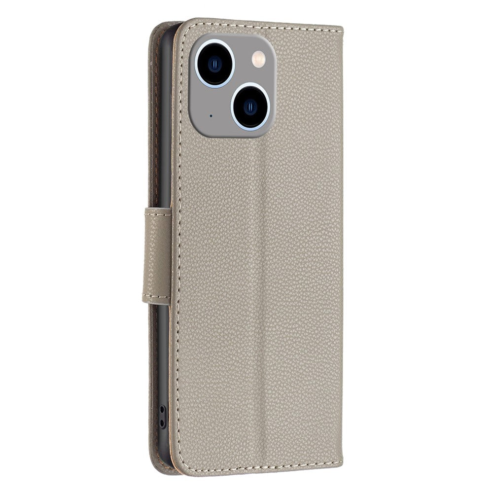For iPhone 15 Plus Wallet Case with Wrist Strap Litchi Texture Leather Phone Stand Cover