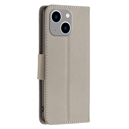 For iPhone 15 Plus Wallet Case with Wrist Strap Litchi Texture Leather Phone Stand Cover