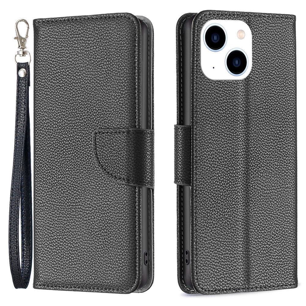 For iPhone 15 Wallet Case with Wrist Strap Litchi Texture Leather Phone Stand Cover