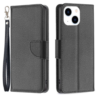 For iPhone 15 Wallet Case with Wrist Strap Litchi Texture Leather Phone Stand Cover