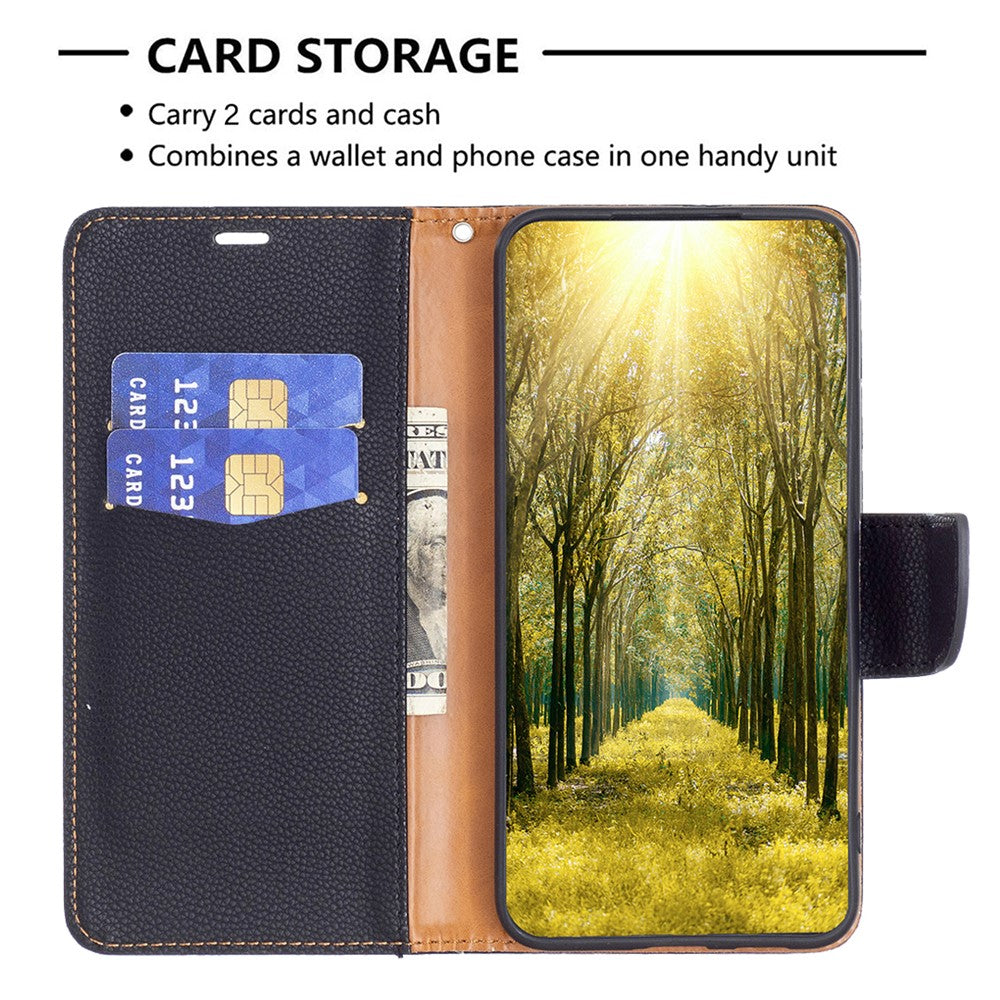 For iPhone 15 Wallet Case with Wrist Strap Litchi Texture Leather Phone Stand Cover