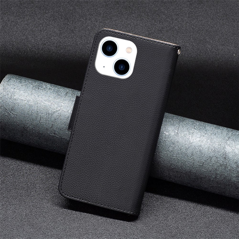 For iPhone 15 Wallet Case with Wrist Strap Litchi Texture Leather Phone Stand Cover