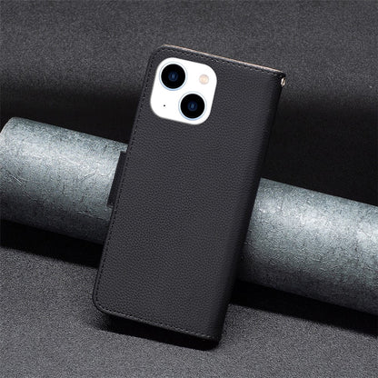 For iPhone 15 Wallet Case with Wrist Strap Litchi Texture Leather Phone Stand Cover