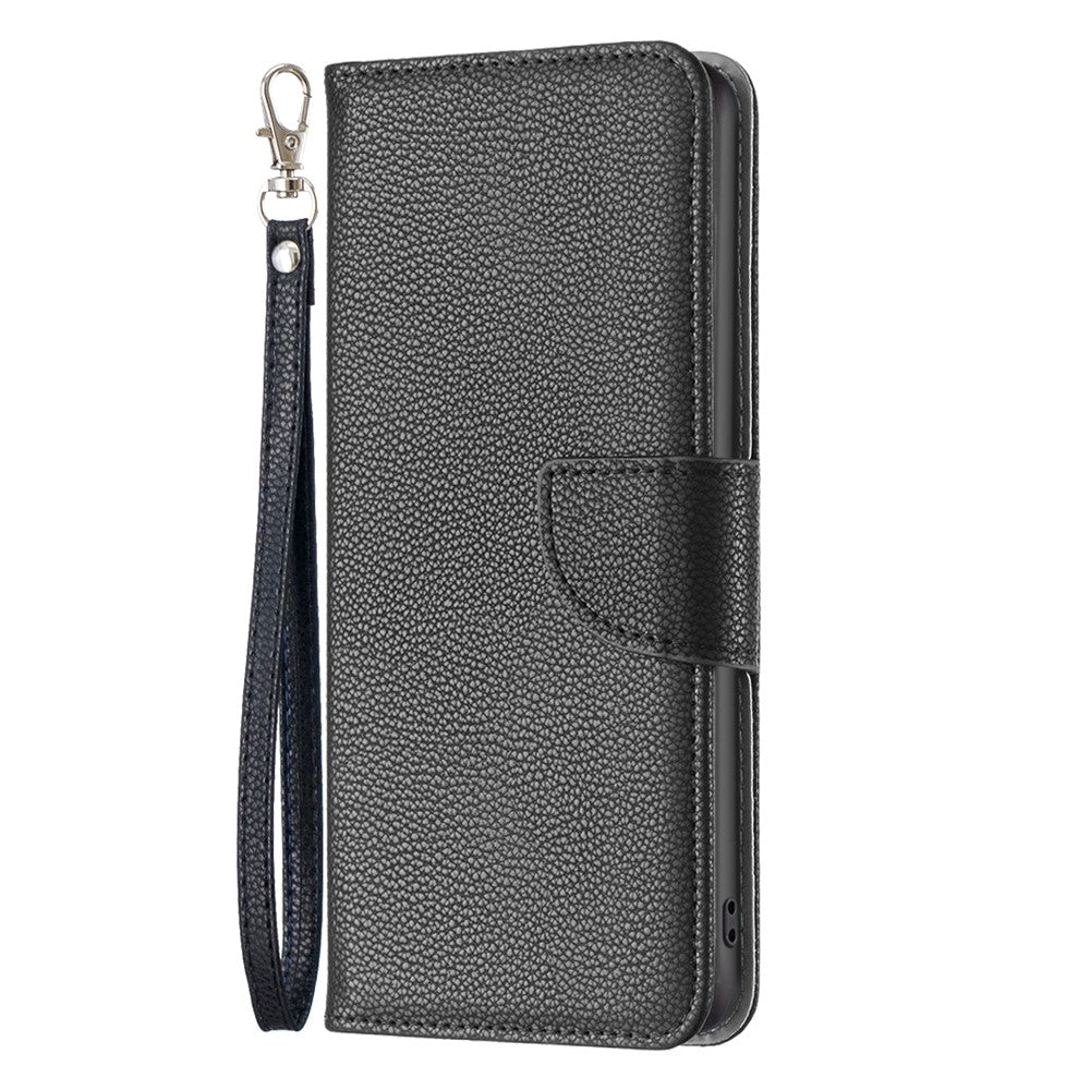 For iPhone 15 Wallet Case with Wrist Strap Litchi Texture Leather Phone Stand Cover