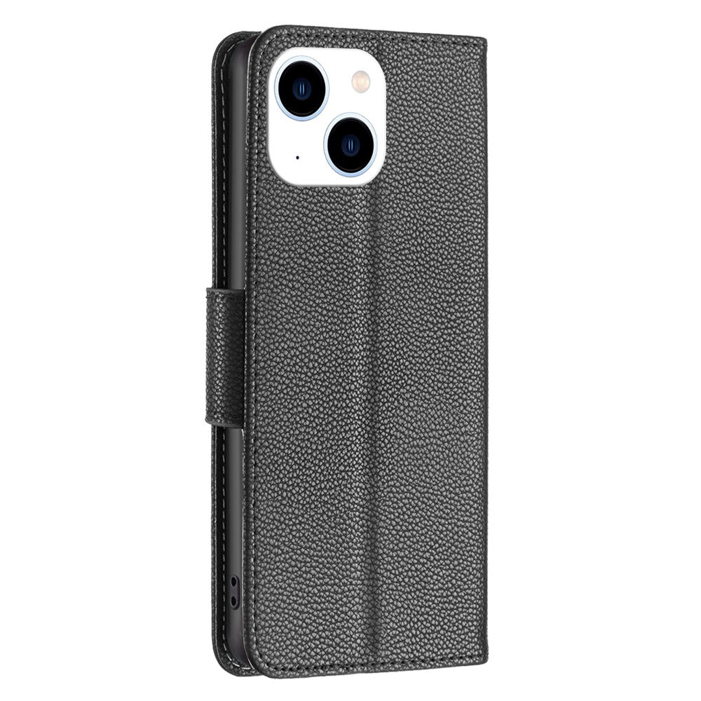 For iPhone 15 Wallet Case with Wrist Strap Litchi Texture Leather Phone Stand Cover