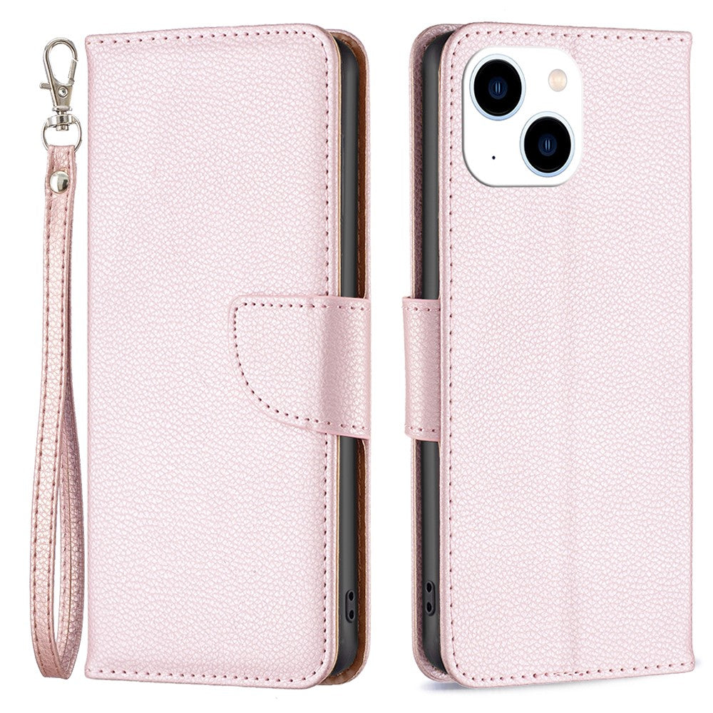 For iPhone 15 Wallet Case with Wrist Strap Litchi Texture Leather Phone Stand Cover