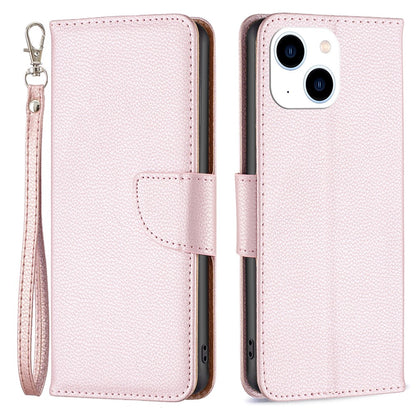 For iPhone 15 Wallet Case with Wrist Strap Litchi Texture Leather Phone Stand Cover