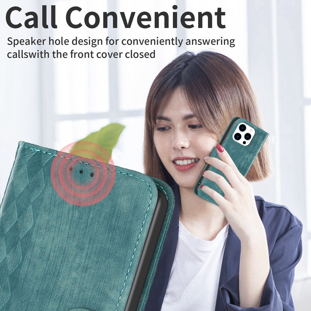 For iPhone 15 Pro Mobile Phone Stand Case Wallet Imprinted Rhombus PU Leather Anti-Drop Phone Cover